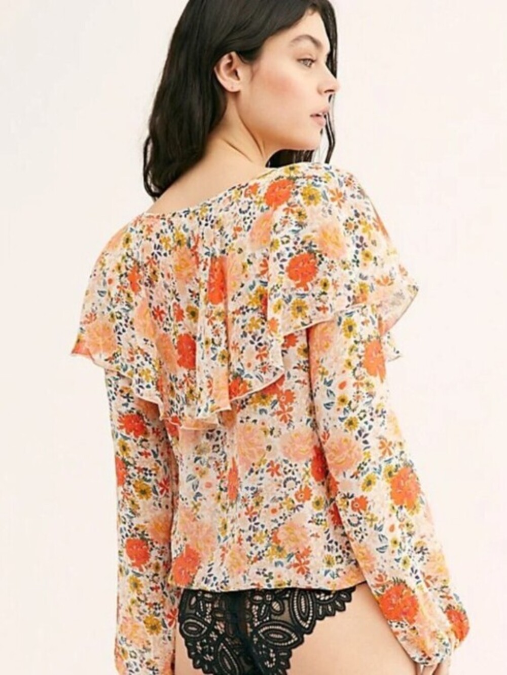 Free People Intimately Orange Floral Say It to Me Ruffle Bodysuit - Size - Small